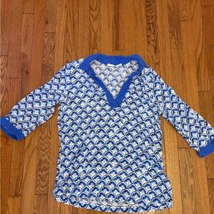 Sigrid Olsen 100% Linen Blue and White Patterned Tunic Blouse
